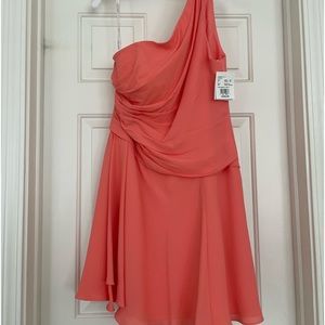 David’s Bridal size 12 Coral color NWT georgette cocktail length dress